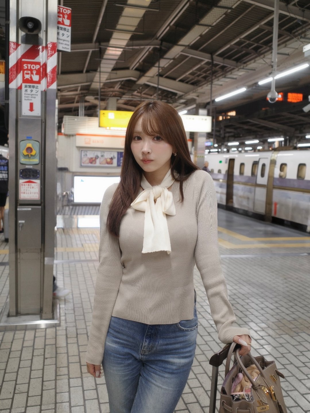 ยูอะ มิคามิ นั่งชินคันเซ็นไปนาโกย่าฉลองวันเกิดคุณตา ในเสื้อนิตผูกโบว์สีเบจคู่ยีนส์