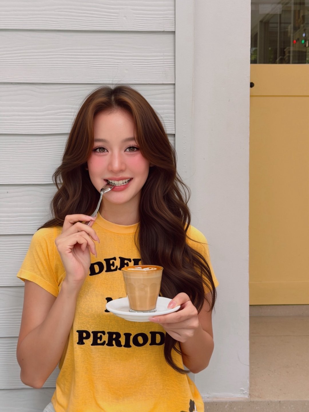 โบว์ เมลดา จิบลาเต้อาร์ตในเสื้อยืดเหลือง "I DEFINE ME PERIOD" ถ่ายโปรโมตกาแฟ FITNE Coffee X-Series