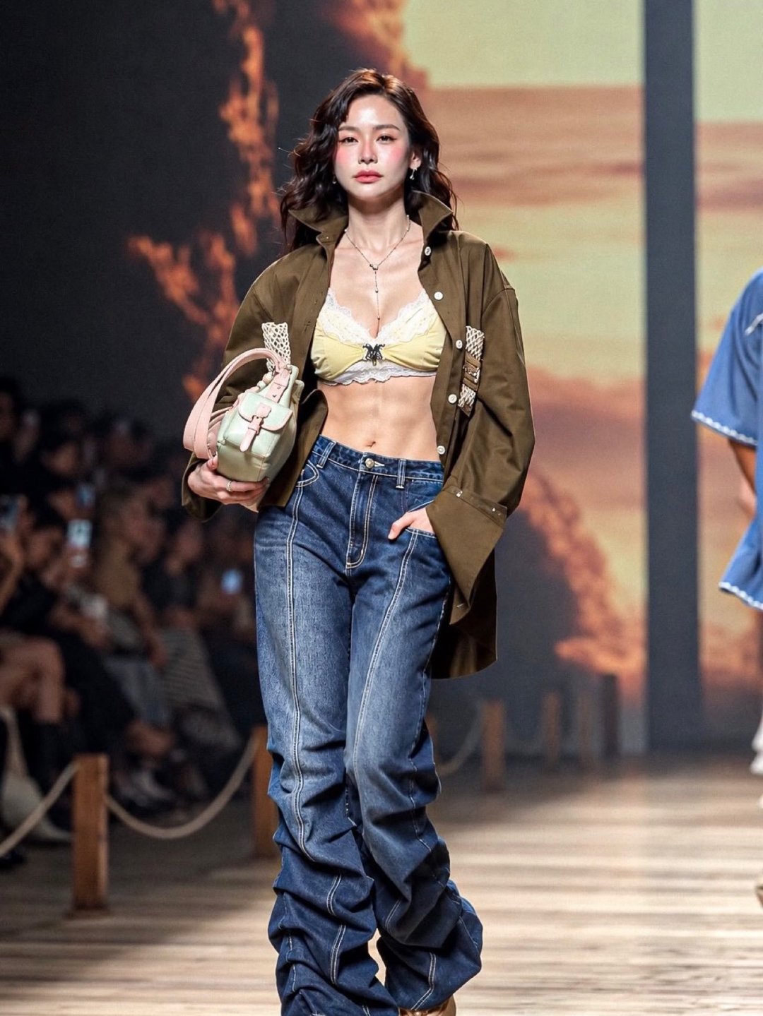 อิงฟ้า วราหะ บราครอปคู่ยีนส์เอวต่ำ สลับชุดดำคล้องคอเว้า เดินแบบ MERGE ในงาน BIFW 2026