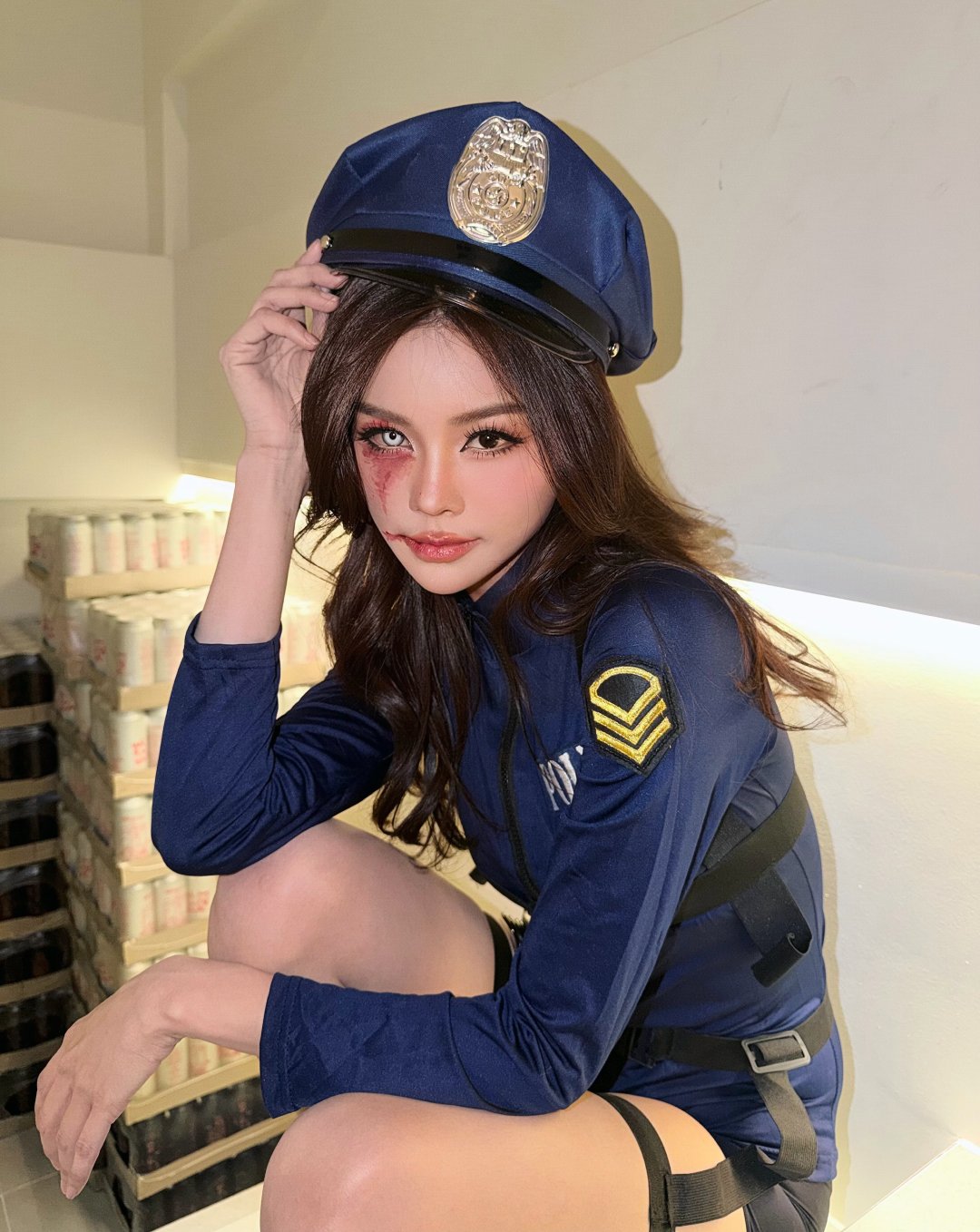 อิงฟ้า วราหะ ชุดคอสตำรวจบอดี้สูทขาสั้นคาดสายรัดต้นขา แต่งหน้าเลือดเข้มขลัง "👮🩸" (รูปที่ 12)