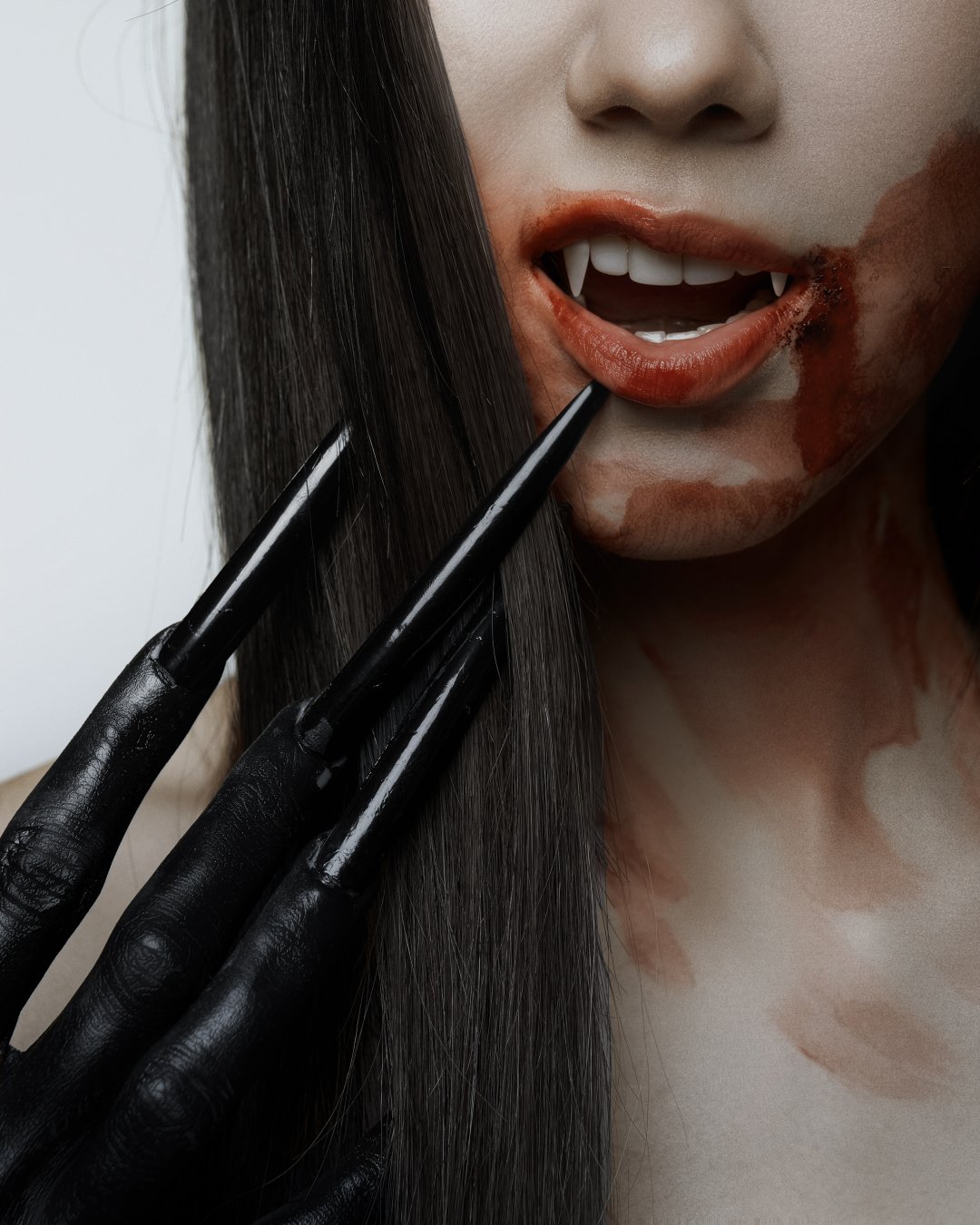 Lorena Schuett ถ่ายแฟชั่นธีมแวมไพร์ "🖤🧛♀️" มินิเดรสเกาะอกดำ เล็บกรงเล็บยาว เลือดมุมปาก (รูปที่ 4)